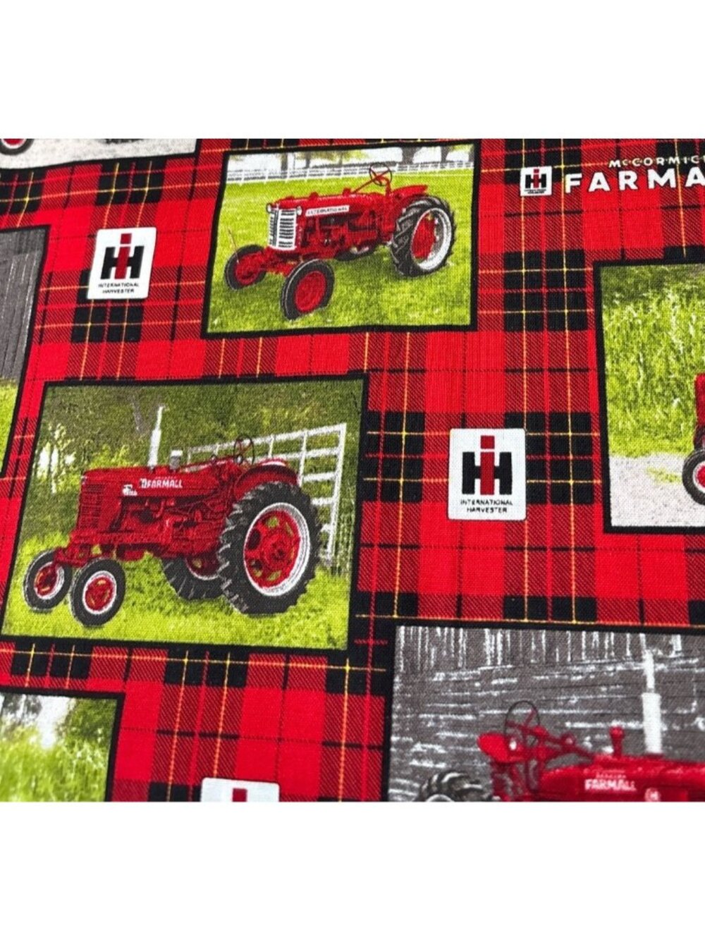 International Harvester McCormick Farmall Plaid Tractor Red Cotton Fabric 25x44"